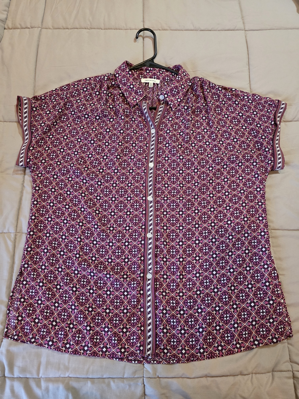 Max Studio Burgundy Geo-Print Short Sleeve Button-Down